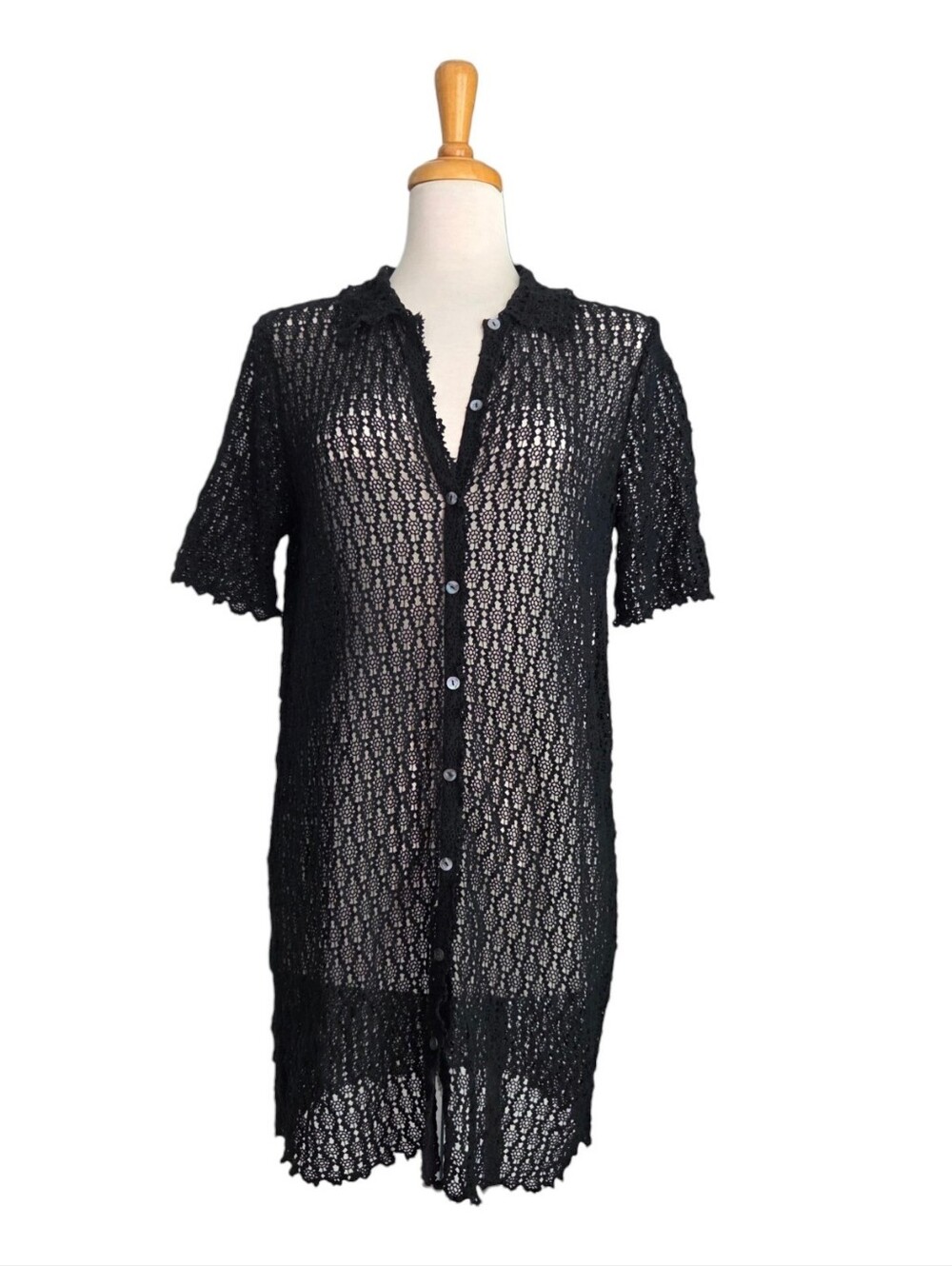 Rebecca Taylor Pina Embroidered Crochet Mini Shirt Dress Women's Size L Black